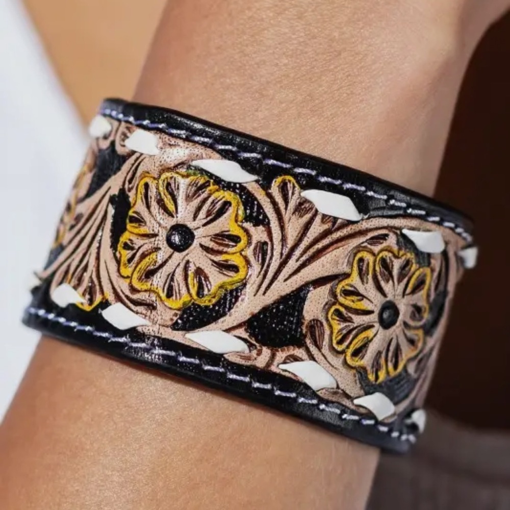 Tooled Leather Floral Embossed Bracelet Black and Brown NWT - Picture 11 of 14